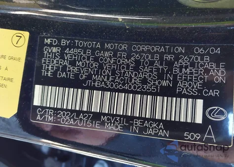 2004 Lexus Es 330 z USA, uszkodzony, nr VIN JTHBA30G640023551